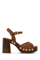 Woman Brown Ankle-Buckle Chunky-Heel Suede Sandal | Derimod