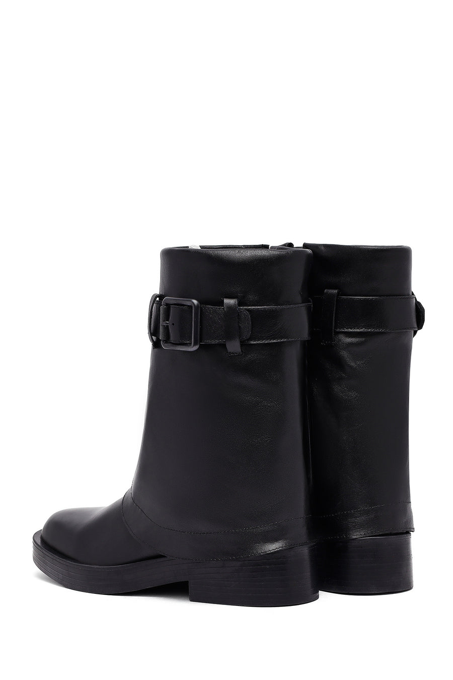Women's Black Buckled Biker Leather Boot