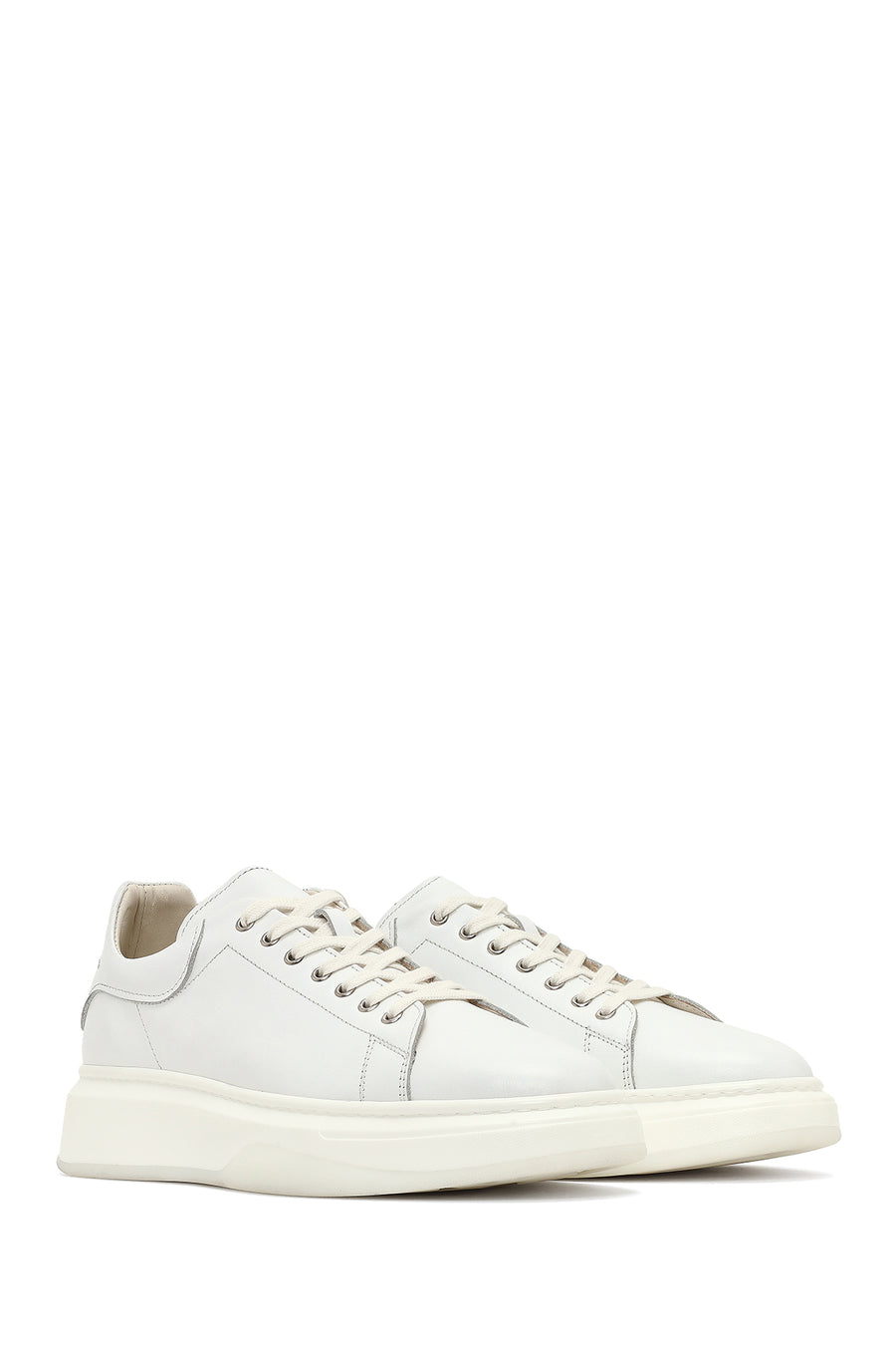 Men's White Lace-Up Thick-Soled Leather Sneaker