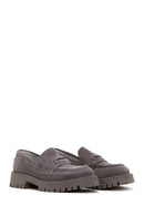 Women's Gray Leather Suede Masculine Loafer | Derimod