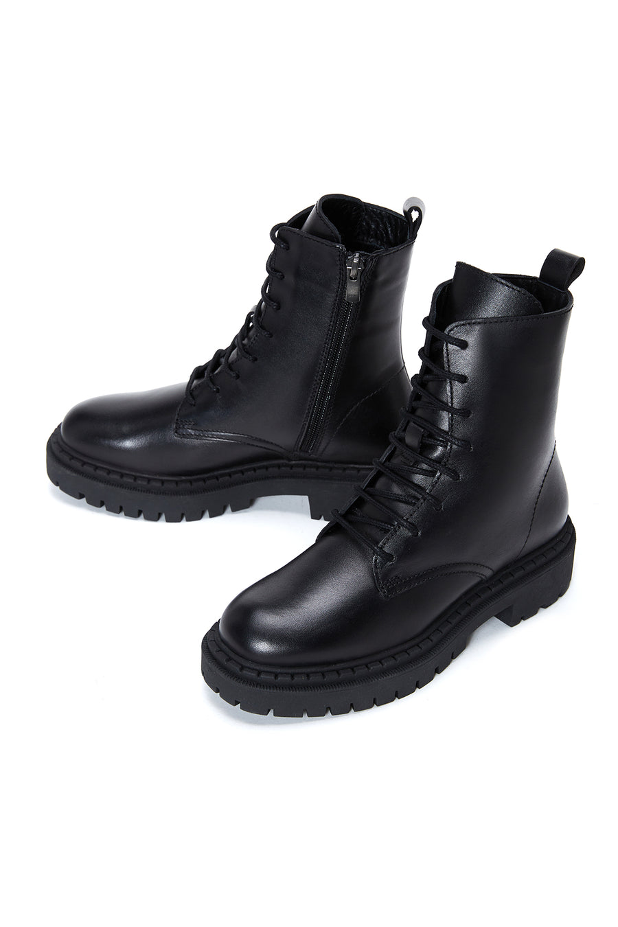 Women's Black Leather Zippered Boots Flat Boots