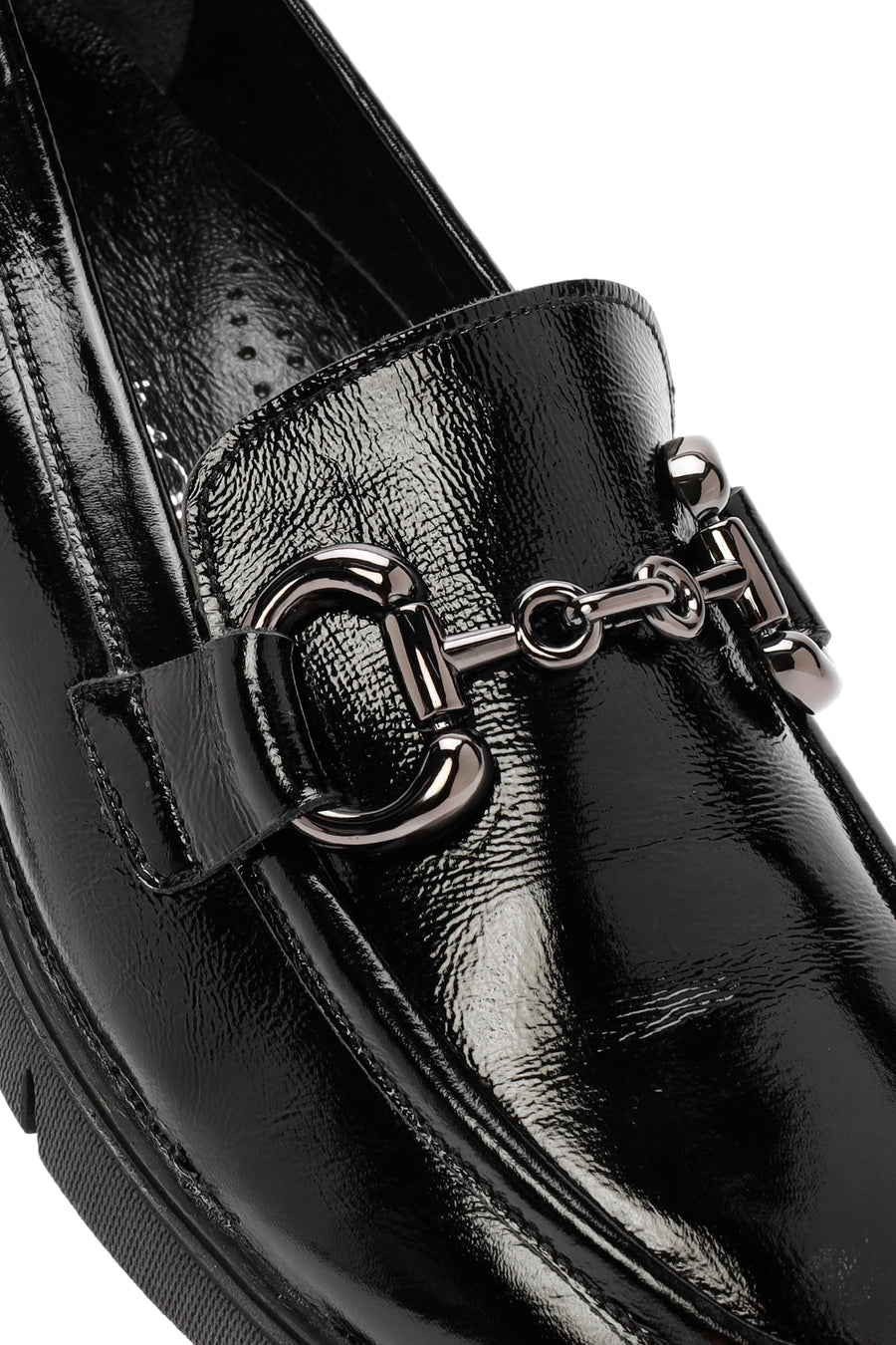 Woman Black Buckled Patent Leather Leather Comfort Loafer