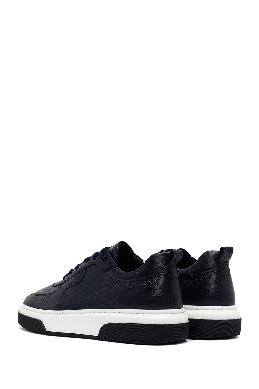 Erkek Lacivert Bağcıklı Kalın Tabanlı Deri Sneaker