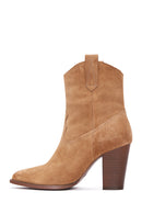 Women's Tan Suede Leather Heeled Cowboy Boots | Derimod