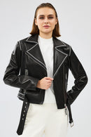 Lady Women's Black Short Leather Jacket | Derimod