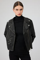 Blondy Women's Black Double Breasted Leather Jacket | Derimod