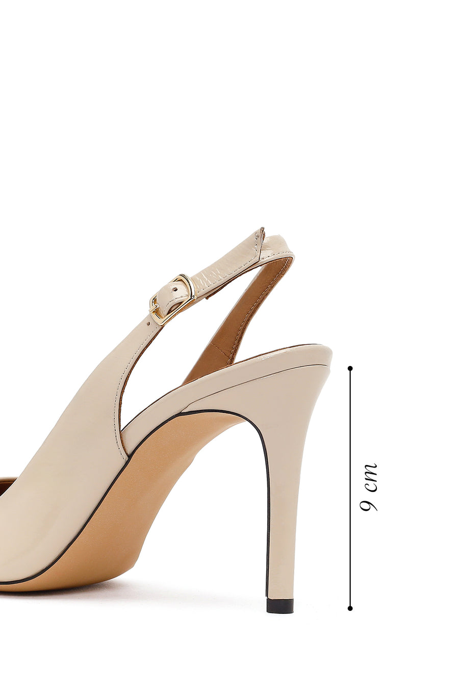 Women's Cream-Colored, Open-Back, Thin-Heeled Patent Leather Shoes with Ankle Buckle