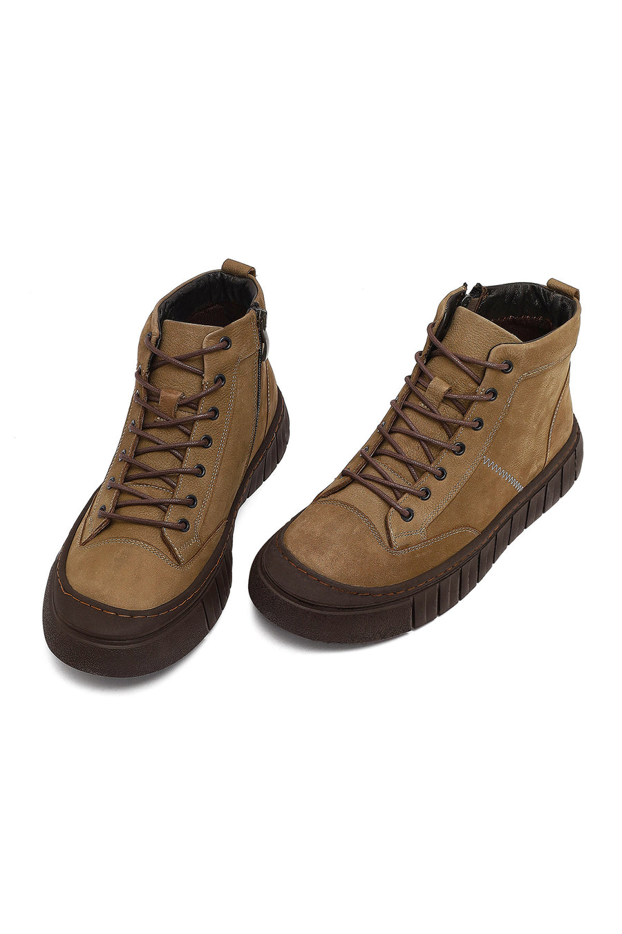 Male Beige Lace-Up Zip Closure Nubuck Leather Sport Boots