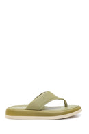 Women's Green Leather Flip Flops Comfort Slippers | Derimod