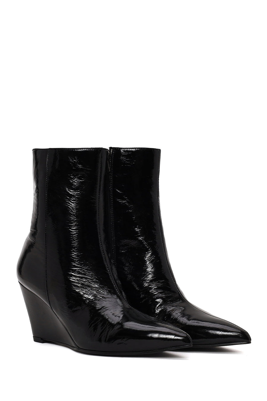 Woman Black Zip Closure Wedge Heel Leather Boots