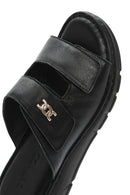 Women's Black Double-Striped Leather Comfort Slippers | Derimod