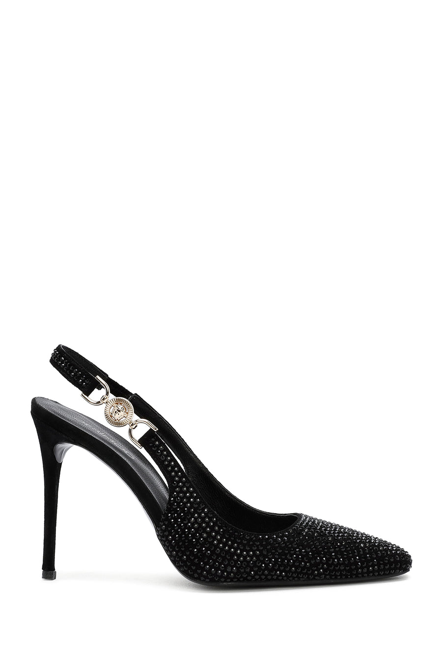 Women's Black Stoned Slingback Heeled Leather Shoes 24WFD1215TS | Derimod