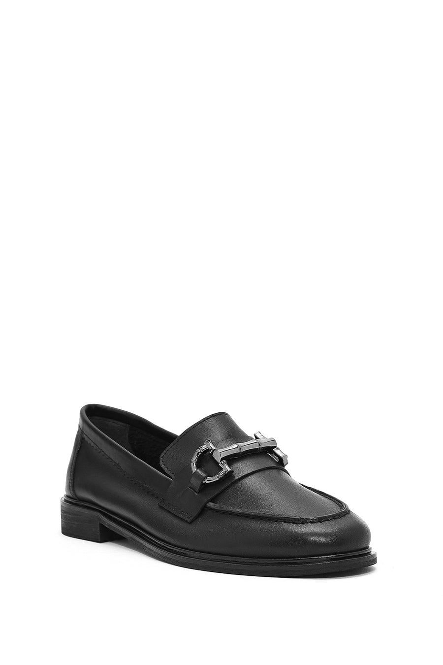 Kadın Siyah Tokalı Deri Maskülen Loafer