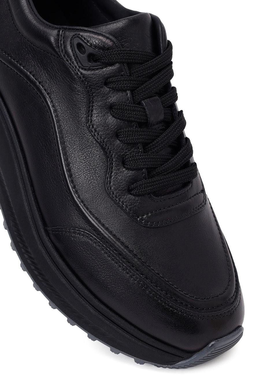 Erkek Siyah Bağcıklı Kalın Tabanlı Deri Casual Sneaker