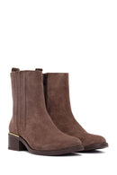 Woman Mink Zip Closure Short Thick Heeled Suede Boots | Derimod