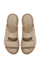 Women's Beige Double-Strap Leather Comfort Slippers | Derimod