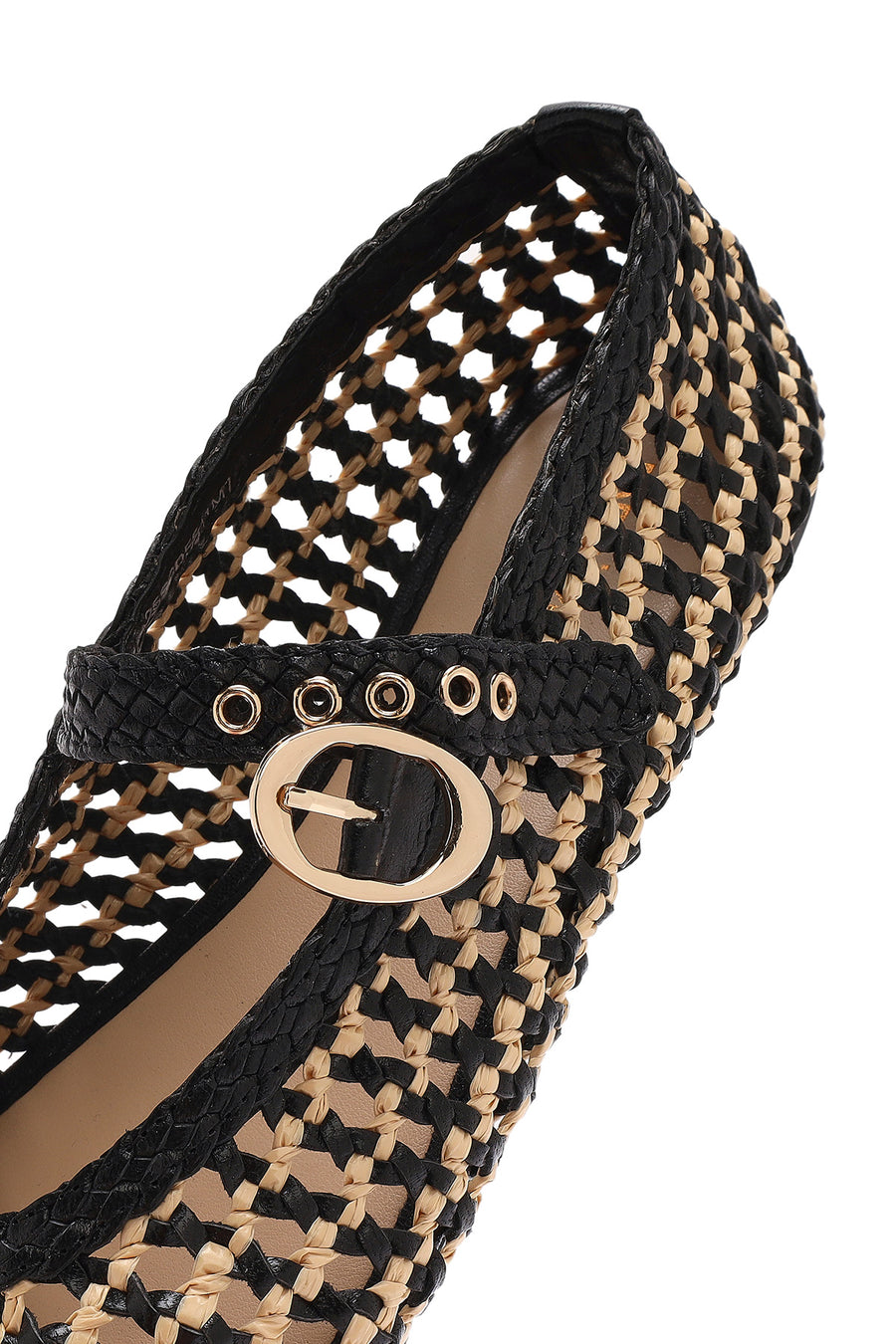 Women's Black Buckled Straw Leather Ballerinas