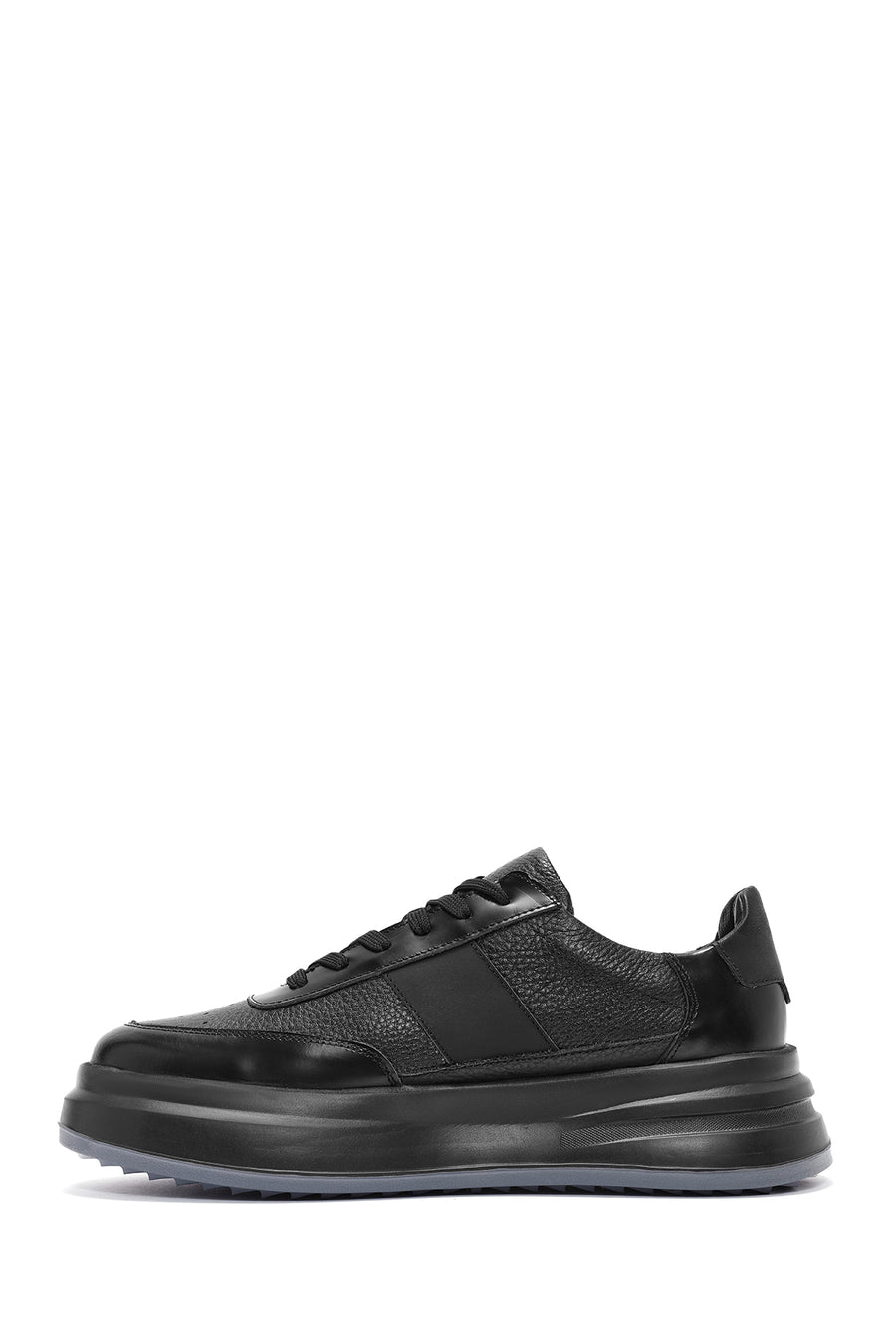 Erkek Siyah Bağcıklı Kalın Tabanlı Deri Sneaker