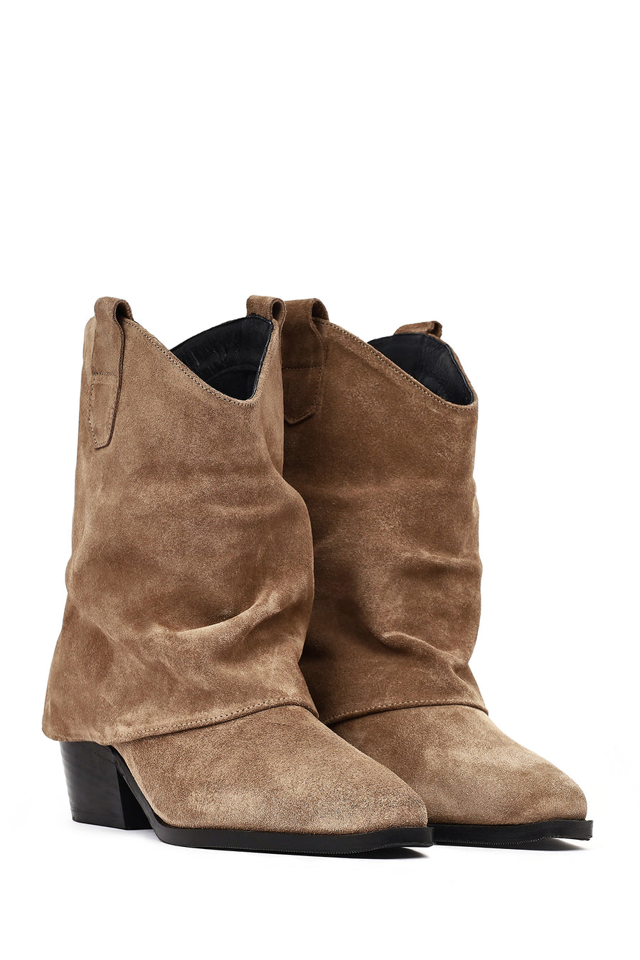Women's Beige Short Thick Heel Suede Leather Cowboy Boot
