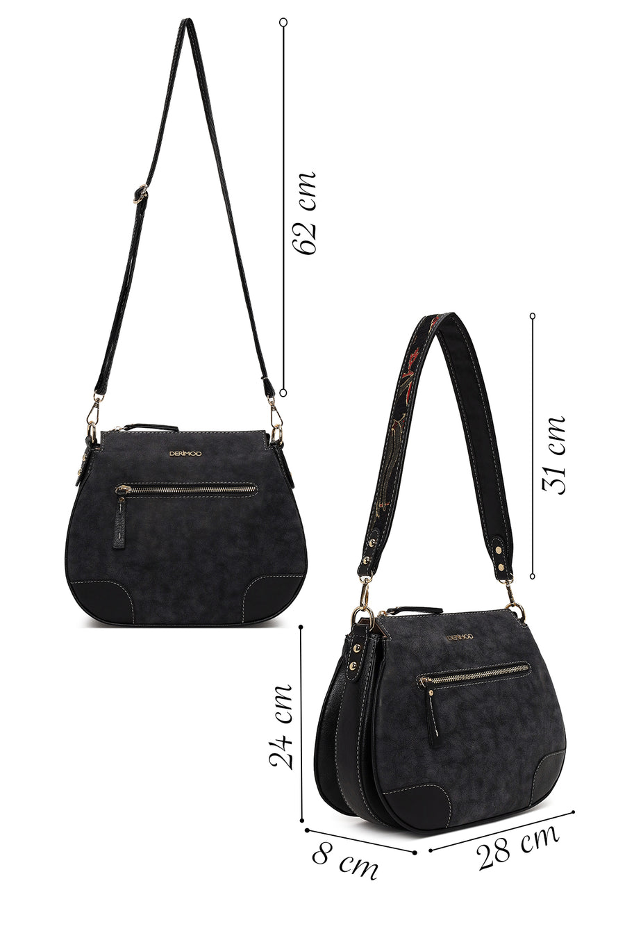 Woman Black Long-Strap Nubuck Crossbody Bag