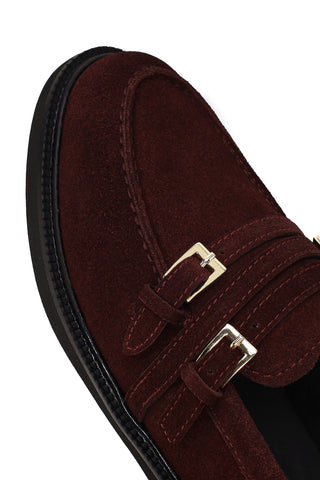 Kadın Bordo Tokalı Süet Deri Maskülen Loafer