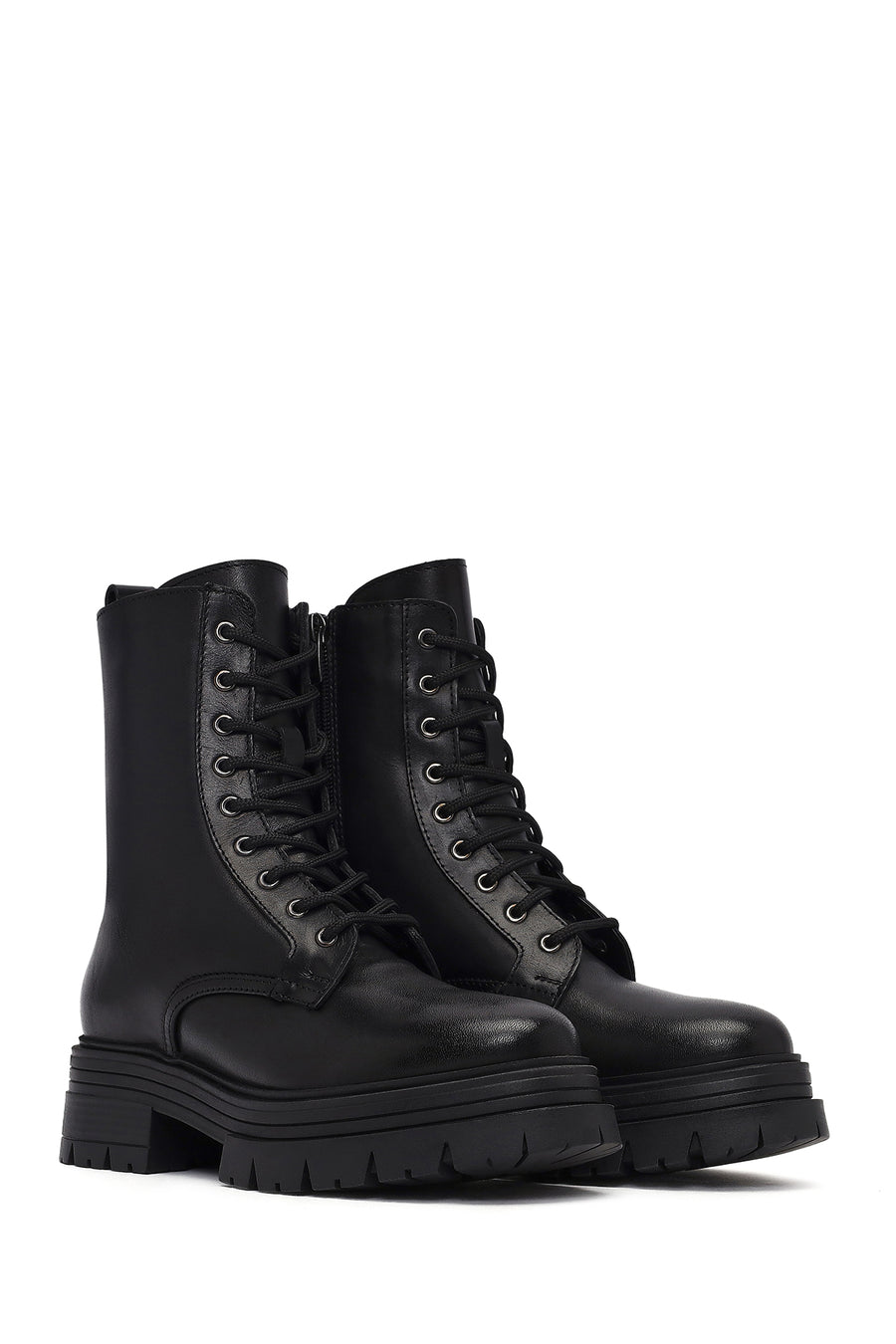 Woman Black Zippered Thick Sole Leather Postal Boots