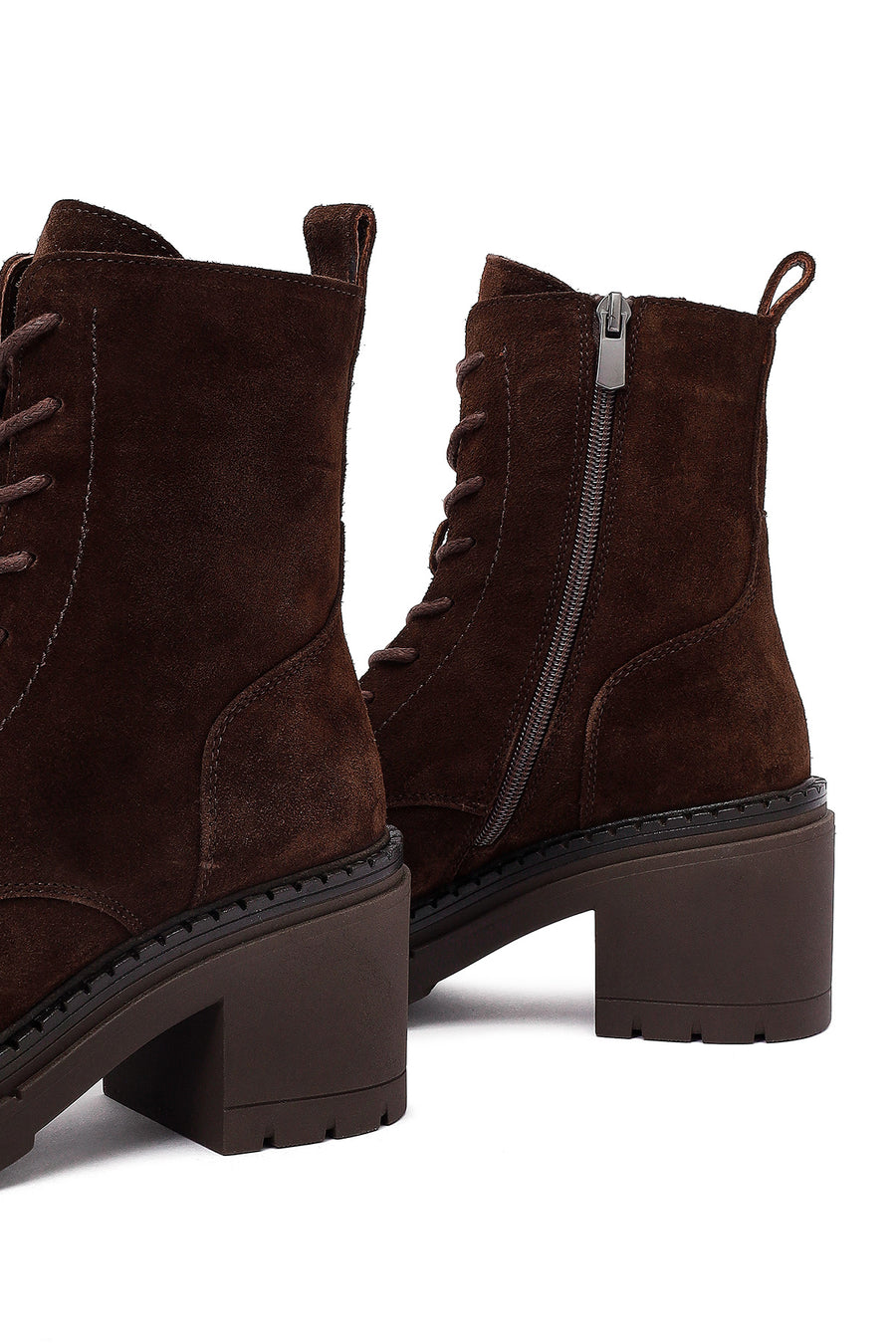 Women's Brown Zippered Thick Heeled Suede Leather Ankle Boots