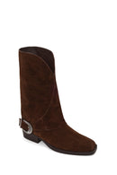 Woman Brown Buckled Short Thick-Heeled Suede Boots | Derimod