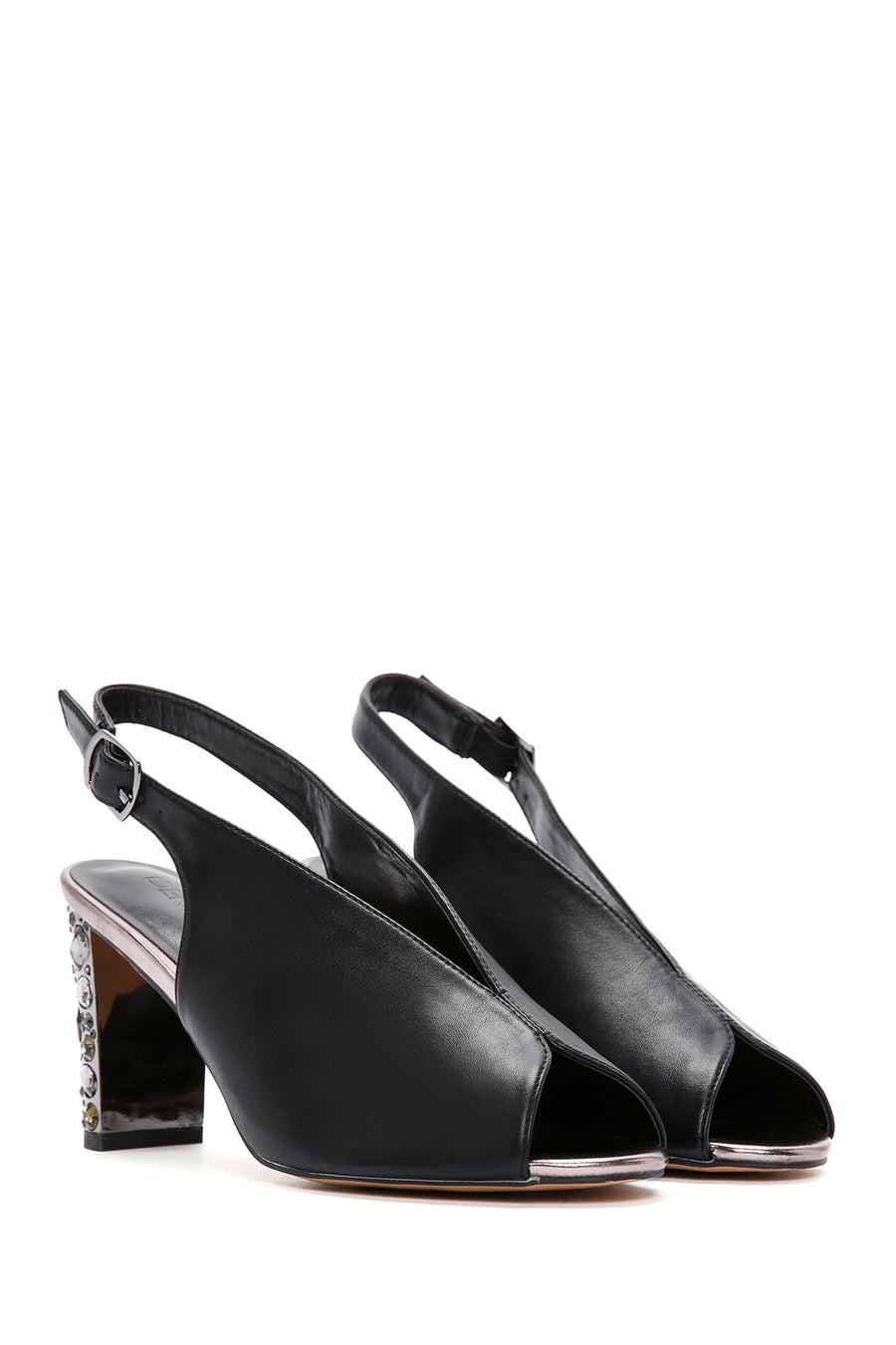 Women's Black Back Strap Stoned Thick Heel Sandals