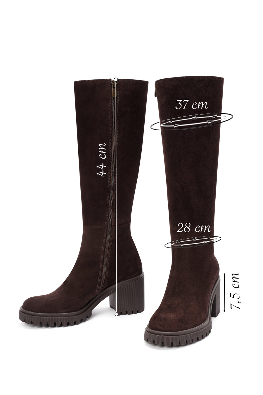 Women's Brown Zippered Chunky Heel Suede Leather Boots