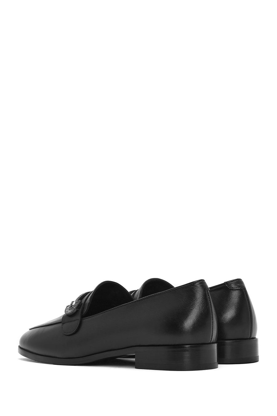 Women's Black Buckled Leather Masculine Loafer