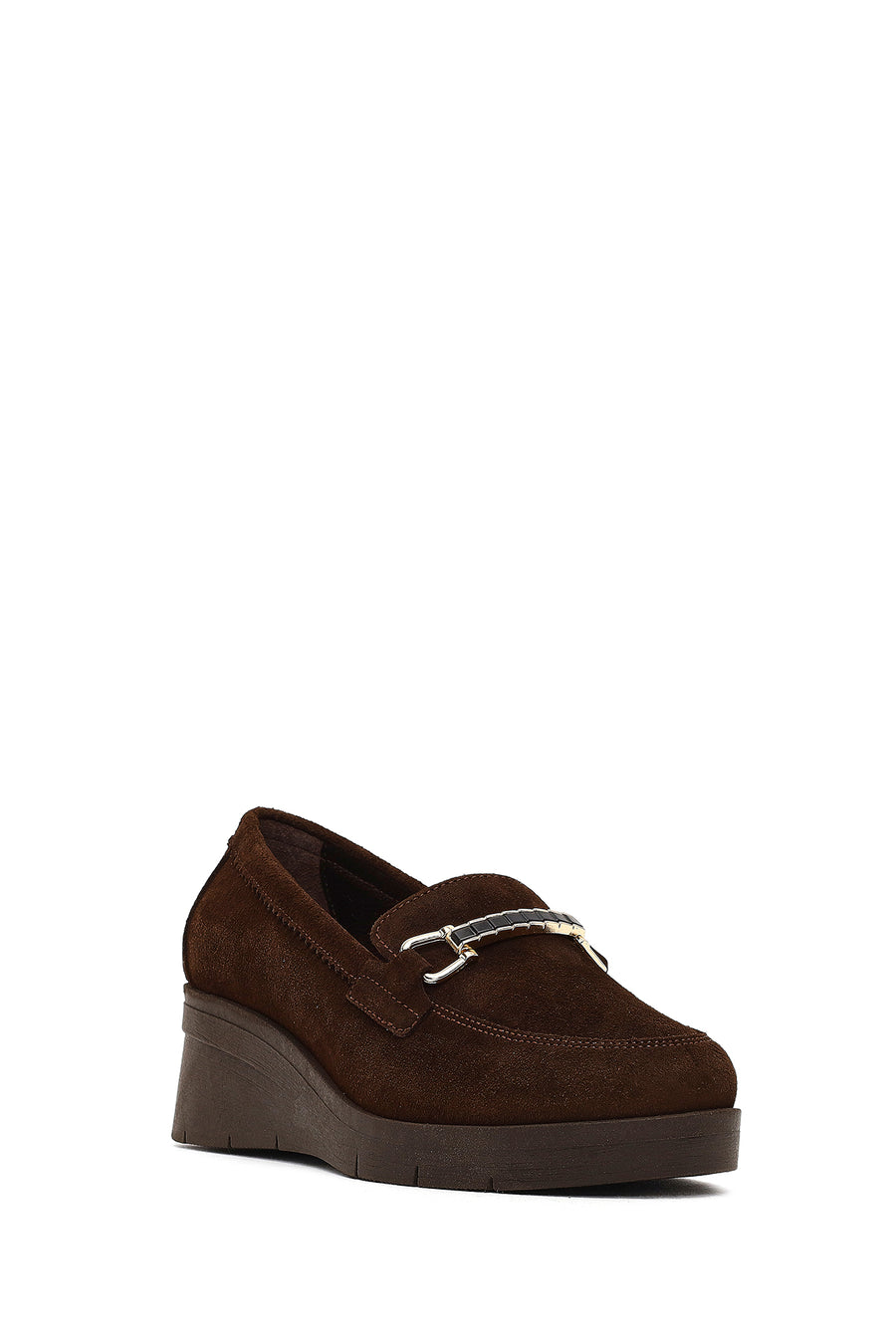 Women's Brown Buckled Wedge Heel Suede Leather Comfort Loafer