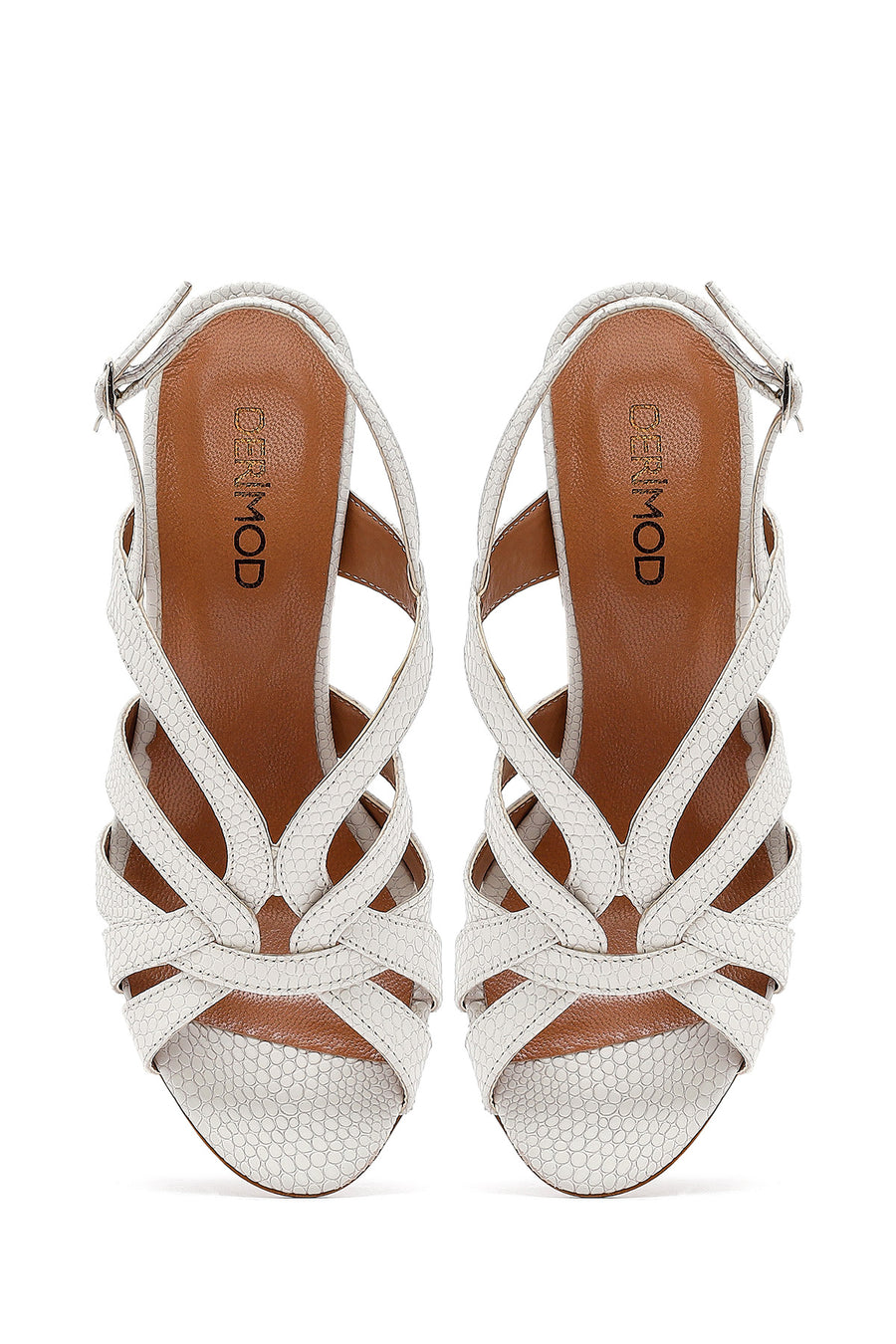 Women's Cream Ankle Buckle Patterned Thick Heel Leather Sandals