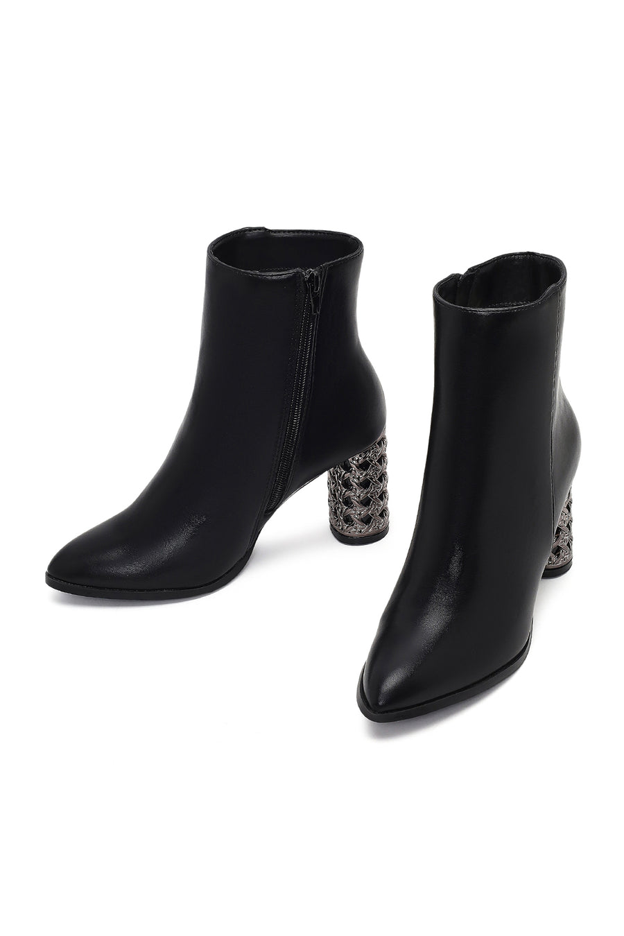 Women's Black Zippered Patterned Thick Heeled Boots