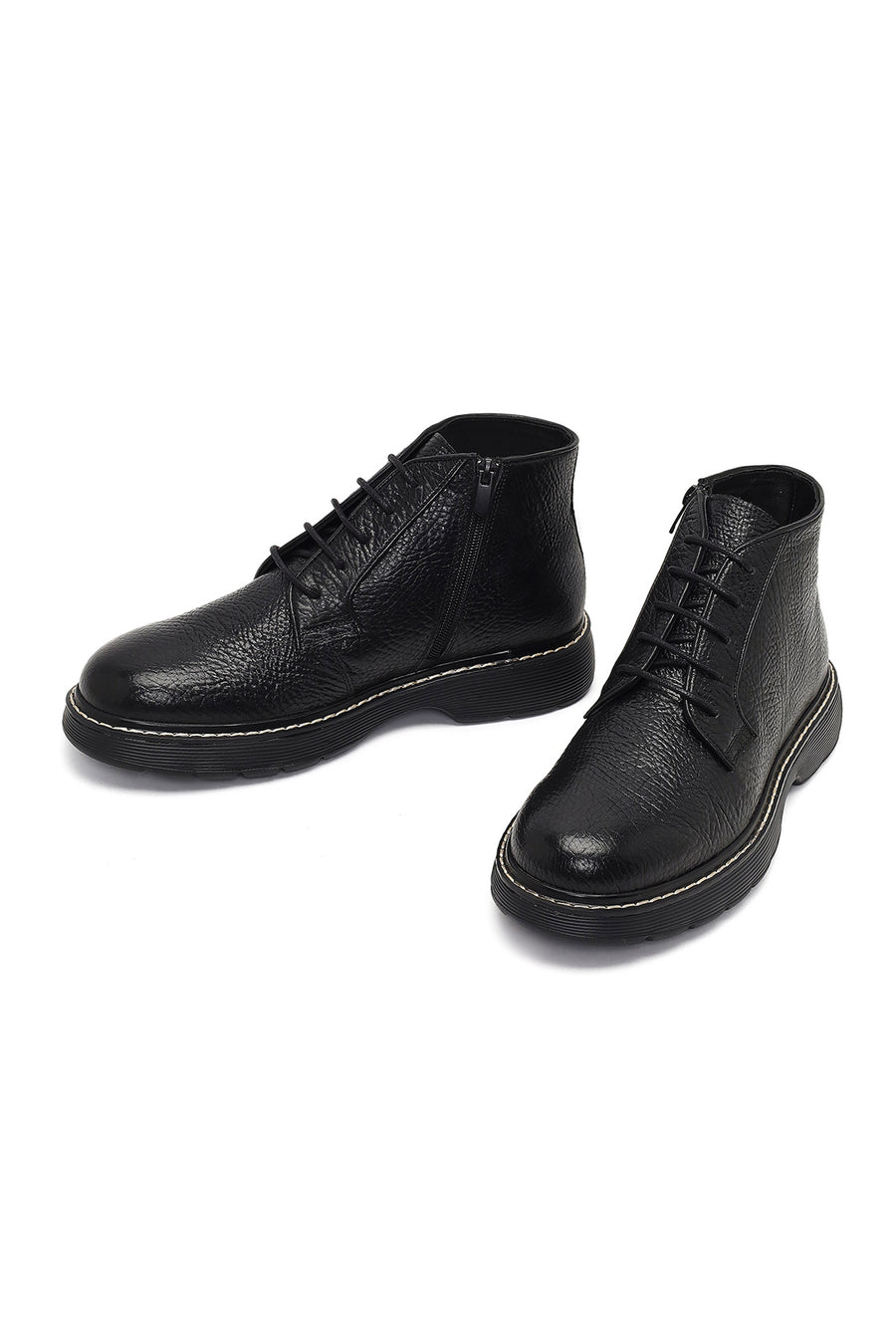 Men's Black Lace-Up Zipper Leather Casual Boot