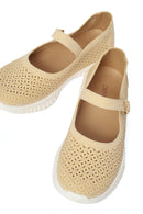 Woman Beige Patterned Suede Comfort Buckle Shoes | Derimod
