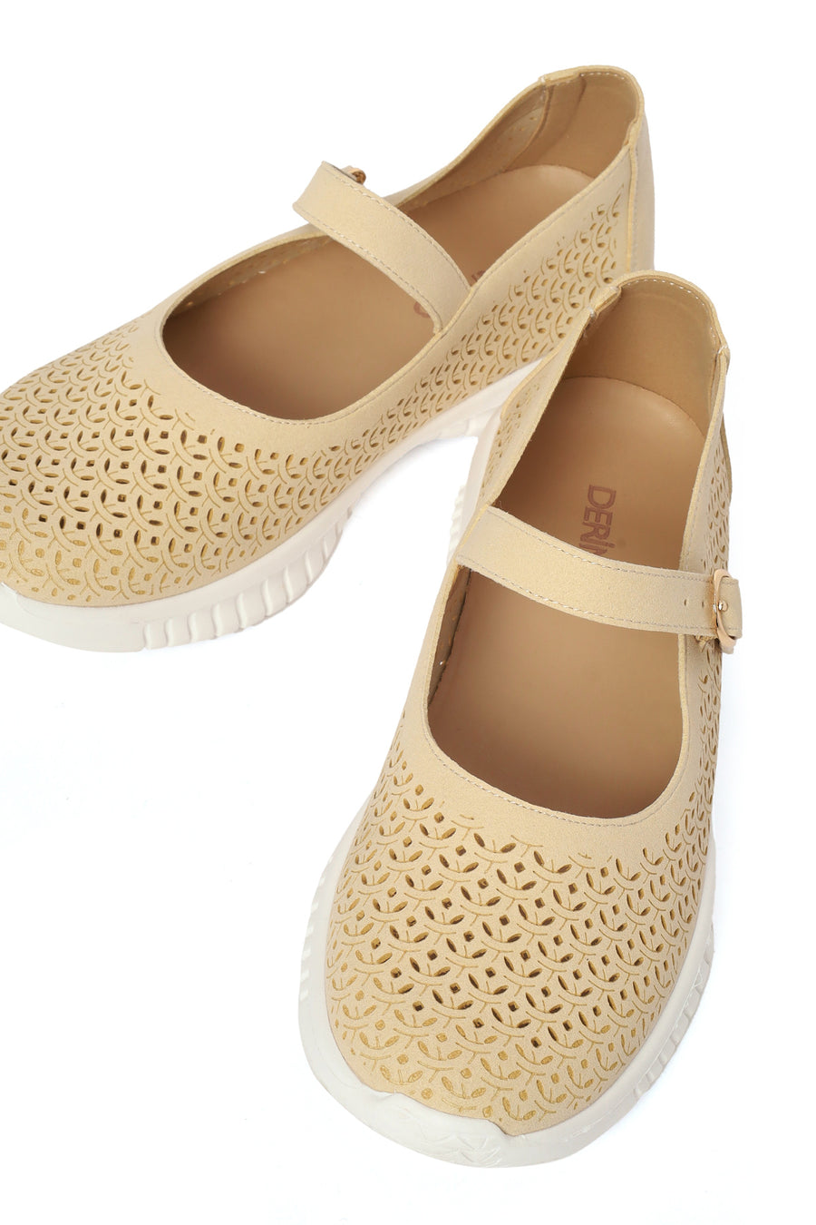 Woman Beige Patterned Suede Comfort Buckle Shoes