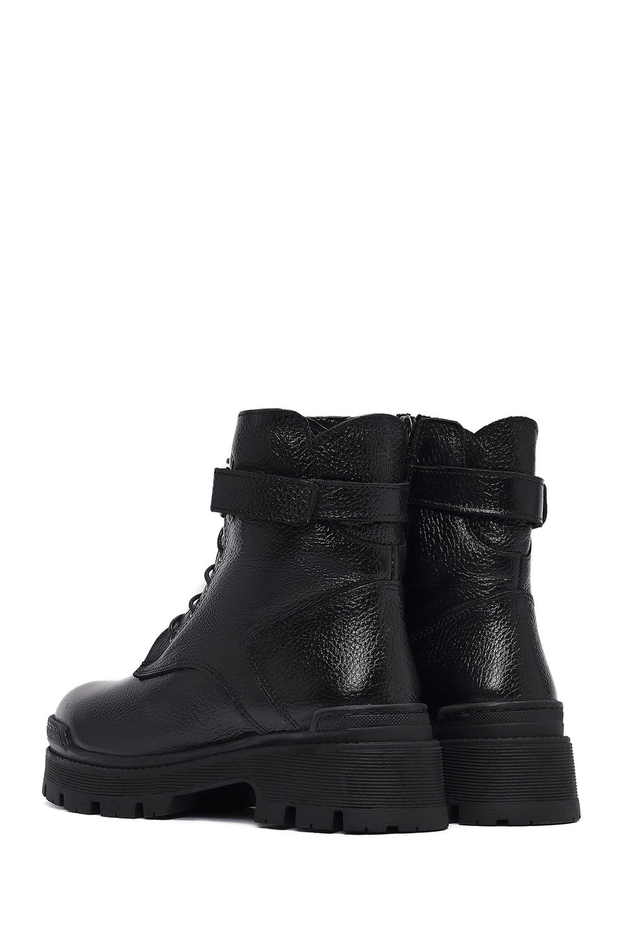 Woman Black Lace-Up Zippered Thick Sole Leather Postal Boots