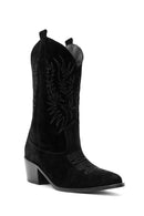 Women's Black Suede Leather Heeled Cowboy Boots | Derimod
