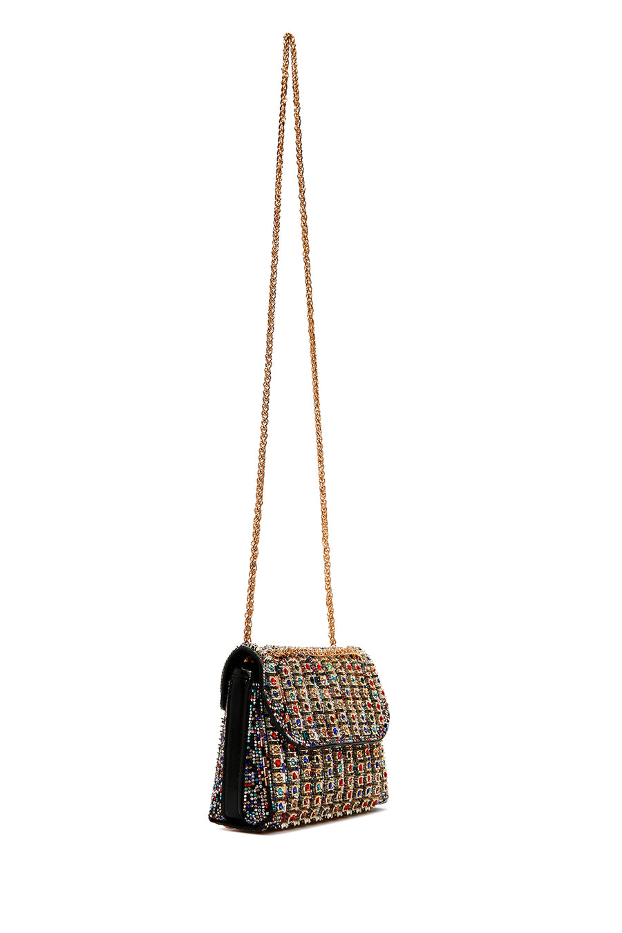 Women's Multicolored Long Chain Strap Stone-Embellished Evening Shoulder Bag