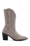 Women's Beige Thick Heeled Suede Leather Cowboy Boots | Derimod