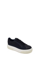 Erkek Lacivert Bağcıklı Kalın Tabanlı Deri Sneaker | Derimod