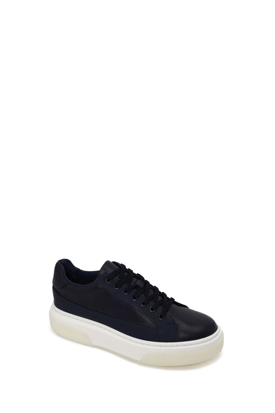 Erkek Lacivert Bağcıklı Kalın Tabanlı Deri Sneaker