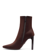 Woman Brown Zip Closure High Thick-Heeled Fabric Boots | Derimod
