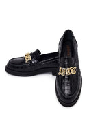 Women's Black Crocodile Patterned Chain Detailed Leather Masculine Loafer | Derimod