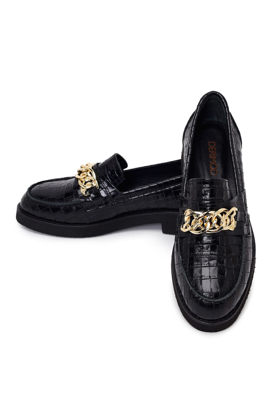 Women's Black Crocodile Patterned Chain Detailed Leather Masculine Loafer