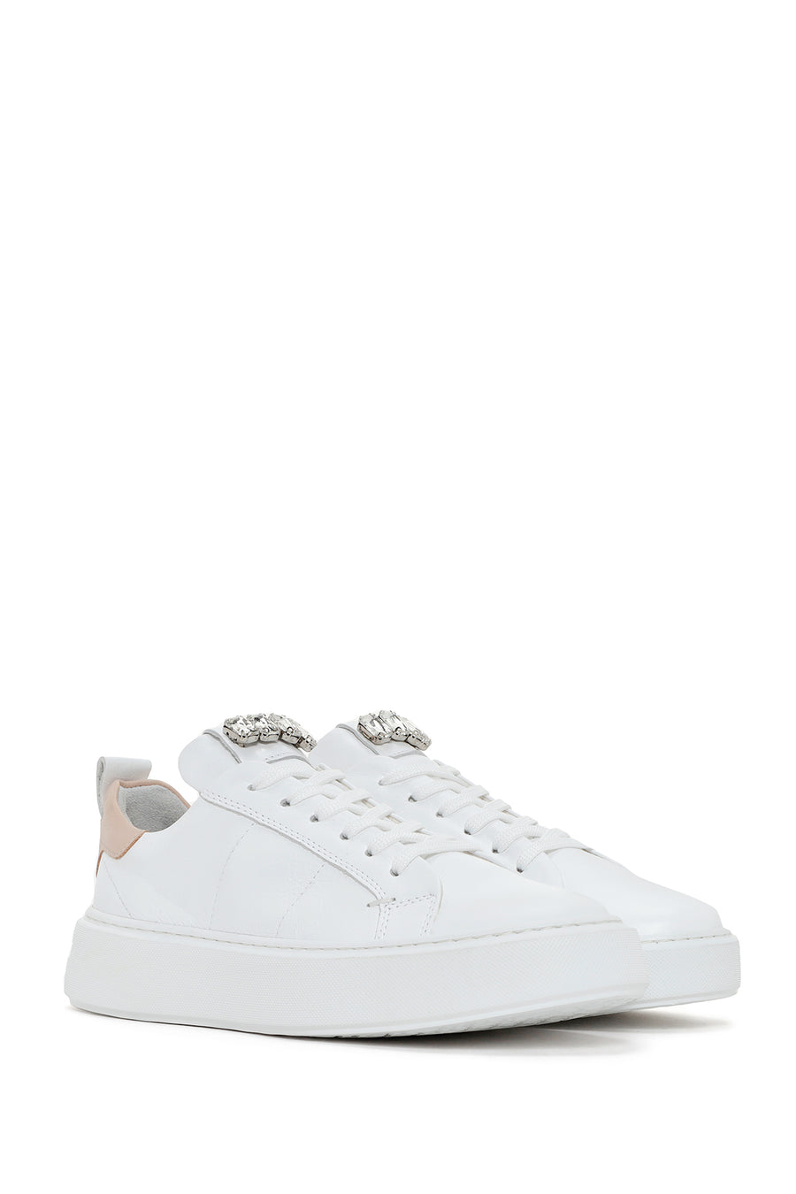 Women's White Laced Leather Sneaker with Accessory Detail