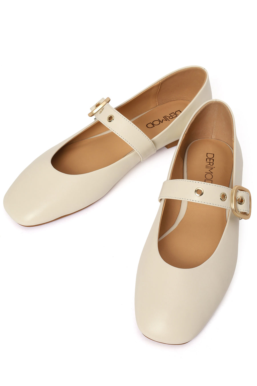Woman Cream Buckled Leather Ballerine Shoes