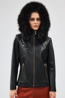 Meggy Women's Black Hooded Collar Fur Regular Leather Jacket | Derimod