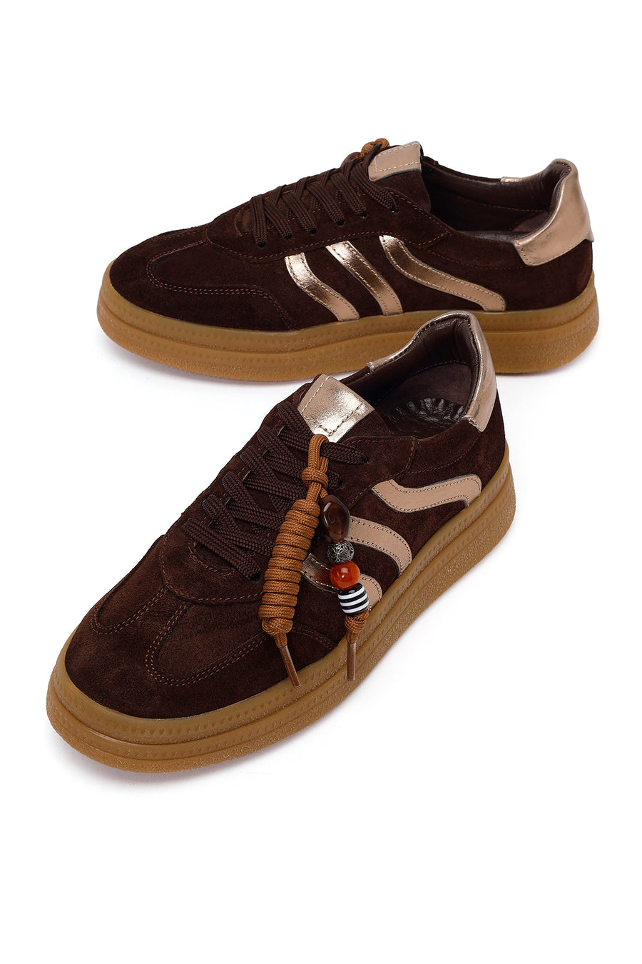 Woman Brown Lace-Up Charm Suede Leather Sneaker